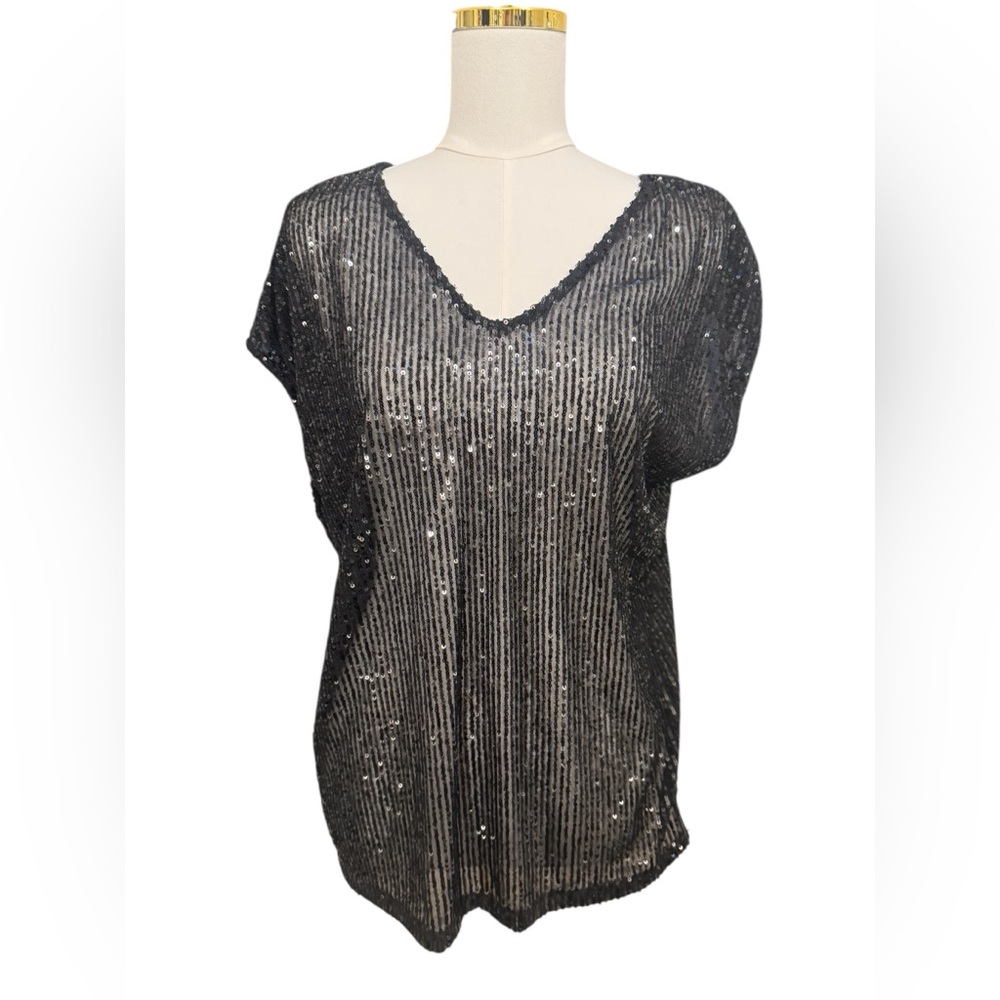Vince Camuto Sequin Top XL Black Sparkly Blouse Holiday NYE Party NWOT